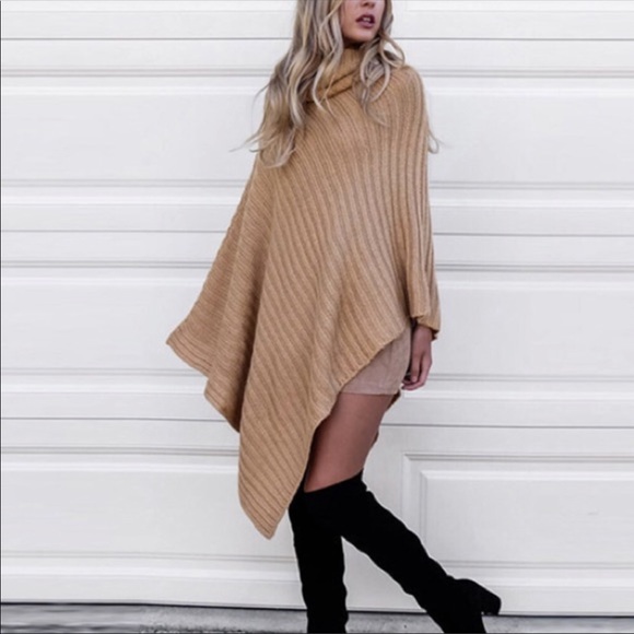 New! Khaki ribbed,turtleneck poncho - Picture 2 of 3